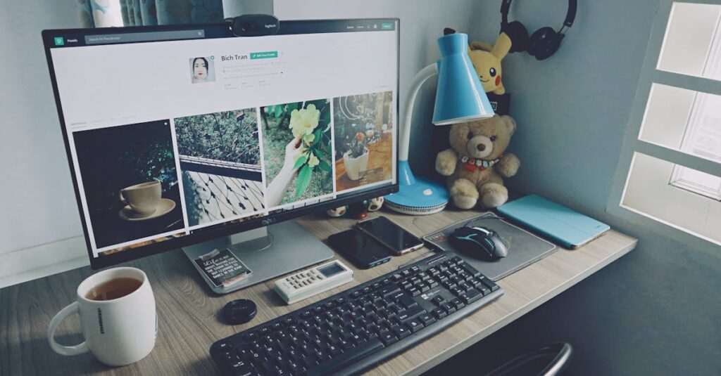 A tidy home office desk setup with a computer, keyboard, and personal items, creating a cozy work atmosphere.