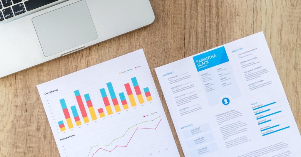 Top view of a laptop, charts, and resume on a wooden desk, showcasing business analysis and job application.