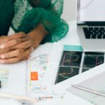 A person analyzes financial charts and graphs at a desk, indicating business trading activity.